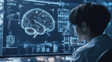 A young scientist explores neural networks through an interactive digital interface in a high-tech urban environment at night