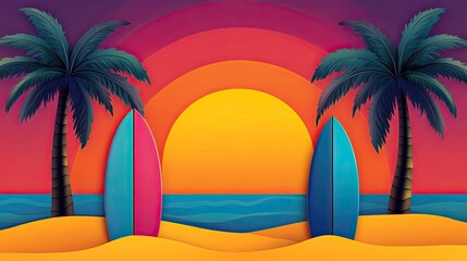 Tropical Beach Scene with Surfboards and Sunset Vibes