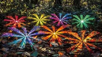 Prism Forest: A dense forest scene with sunlight filtering through the leaves. The rays split into rainbows as they encounter countless tiny prisms formed by dewdrops. 