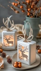 Obraz premium The white lantern illuminates a deer silhouette in the snow, creating a festive atmosphere near a cozy wooden structure.