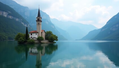  Tranquil waters cradle a serene church amidst majestic mountains