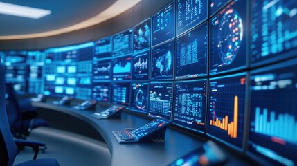 Fototapeta premium Futuristic Control Room with Screens and Data Displays