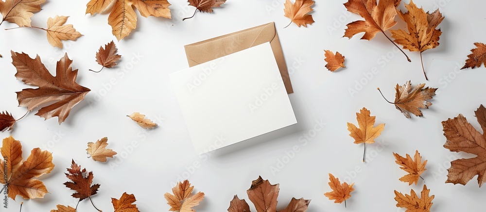 Canvas Prints autumn themed arrangement with a blank card on a white backdrop perfect for a copy space image