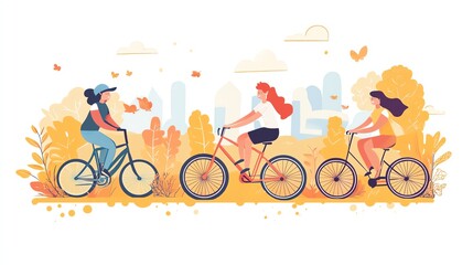 Naklejka premium Three women riding bicycles in a vibrant, outdoor setting with greenery and city skyline.