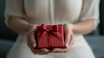 A person holds a small, intricately wrapped red gift box with a bow, showcasing an act of giving and celebration.