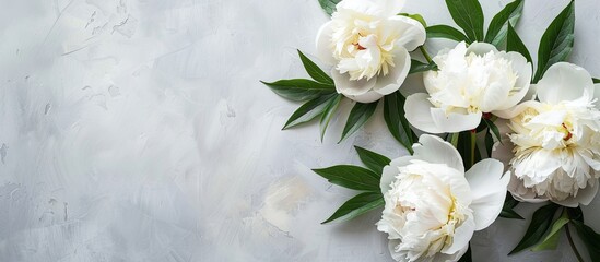 White peony flowers with leaves on a gray table with room for text Close up top view copy space image