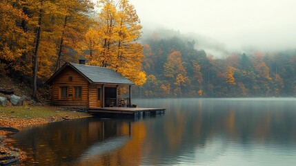 Fototapeta premium Rustic Lakeside Cabin Nestled in Vibrant Autumn Foliage