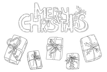 Merry Christmas doodle postcard. Hand drawing festive vector illustration. Hand lettering Christmas saying. Christmas quotes with black and white doodle drawings. Christmas presents