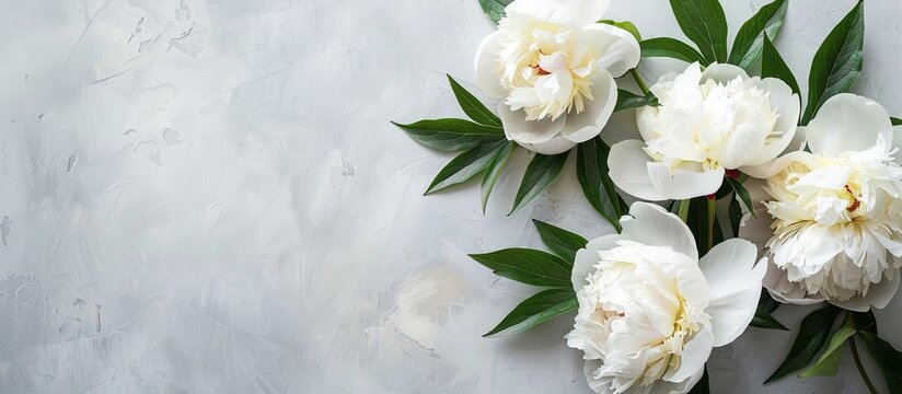 White peony flowers with leaves on a gray table with room for text Close up top view copy space image