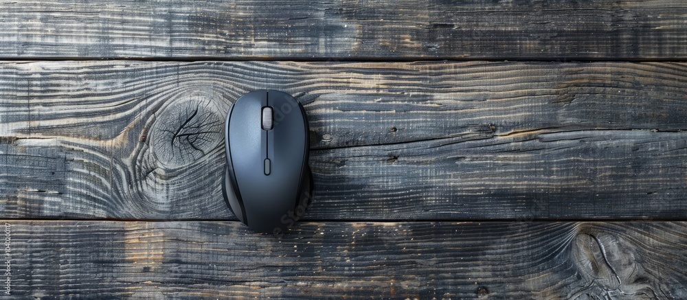 Wall mural top view of a wireless mouse on a grey wooden table with ample space for text in the copy space imag