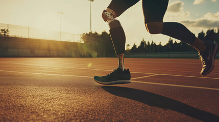 Determined athlete with prosthetic leg running confidently on track against golden sunset