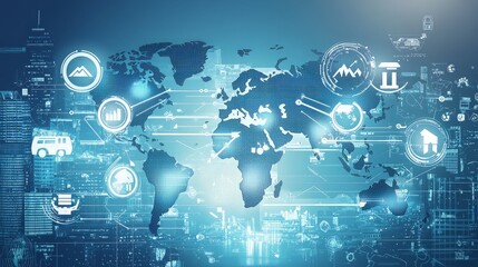 Obraz premium Global network with connected icons representing various industries, businesses, and technologies.
