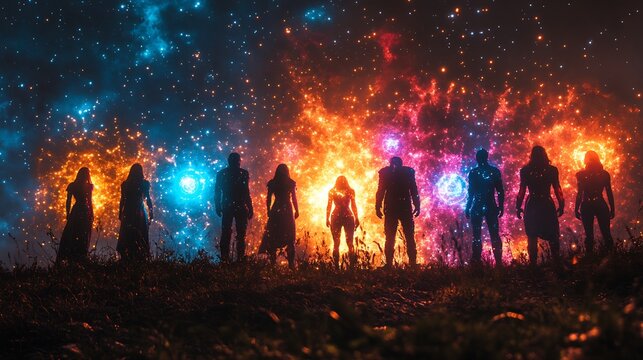 Watchers teaching secrets of the universe glowing symbols floating between their hands humans watching in awe spiritual energy in the air cosmic knowledge