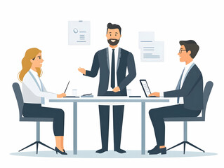 Flat Candid Business Leader Overseeing Negotiation in Conference Room - Vector Illustration of Responsible Authority Guiding Team to Success in Smart Business Tone Design
