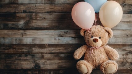 Obraz premium Cute bear with pastel balloons against wooden background