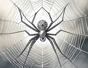 Obraz premium A metallic spider, designed intricately with watch parts, centered on a web made of thin white lines against a soft, almost glowing, white background-generated by ai