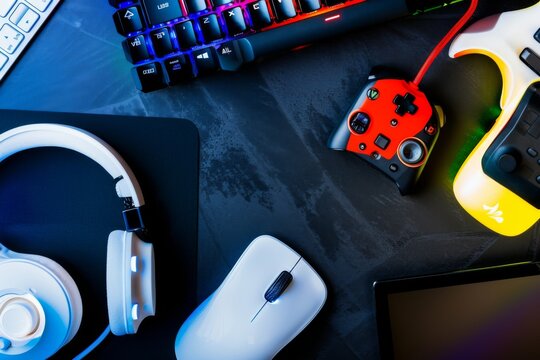 A vibrant overhead view of a gamer's workspace showcasing colorful gaming gear and accessories on a sleek black surface