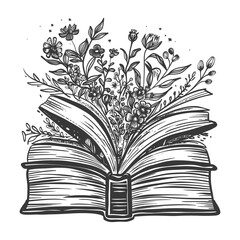 Open Book with Blooming Flowers Growing from its Pages