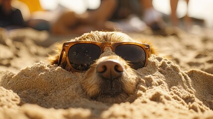 Dog buried in the sand with a pair of sunglasses placed on its head, creating a funny summer vibe. The beach setting features bright sunlight --chaos