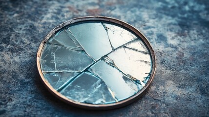 Obraz premium Broken round mirror on textured surface with reflections