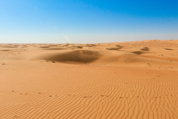 Expansive golden sands of Wahiba Desert in Oman under a clear blue sky during midday