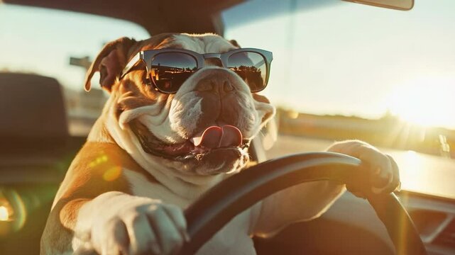 A cheerful bulldog wearing sunglasses sits behind the wheel of a car, enjoying a sunny drive, creating a humorous and lighthearted scene filled with warmth and fun