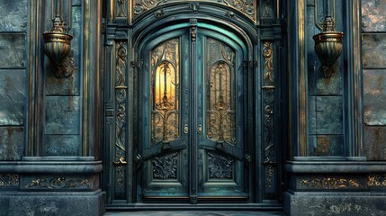 Obraz premium Ornate vintage door with intricate designs and warm lighting
