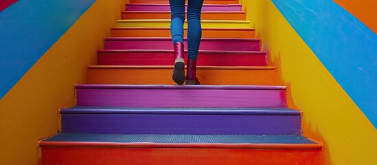 When walking on the colorful stairs it is mandatory not to wear shoes to maintain their pristine condition and avoid staining them Include the phrase copy space image