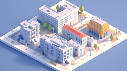 Isometric view of a city block with buildings, trees, and streetlights.
