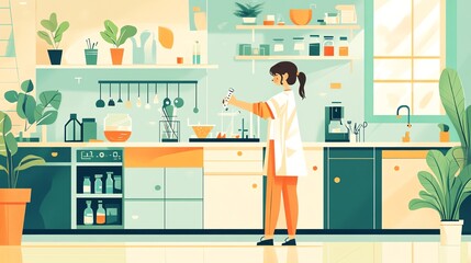 Woman experimenting in a bright, modern kitchen with plants and lab equipment.