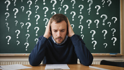 A very stressed man, in front of a chalkboard with drawn question marks. Thinking concept.