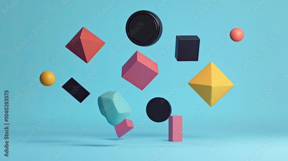 Poster abstract 3d geometric shapes floating in a minimalist background, perfect for adding copy