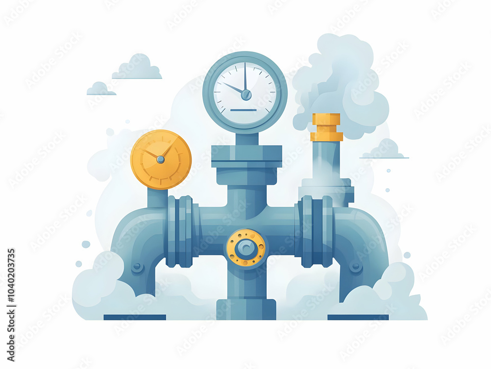 Poster Flat Stress Relief Pressure Valve Illustration, White Valve Releasing Steam, Calmer State Revealed, Simple Flat Vector Design, Smart Business Concept, Isolated on White Background