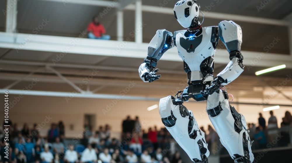 Aufkleber A robot participating in a dynamic robotics competition in a modern arena with spectators, vibrant and competitive setting, Robotics style