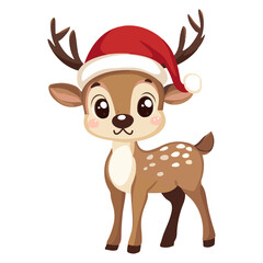 A cheerful cartoon deer wearing a Santa hat stands playfully amidst a festive background, capturing holiday spirit joyfully