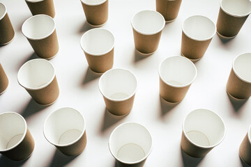 Empty of multiple of coffee or tea takeaway cups on a beige background.minimal drink lifestyle.trendy cafe