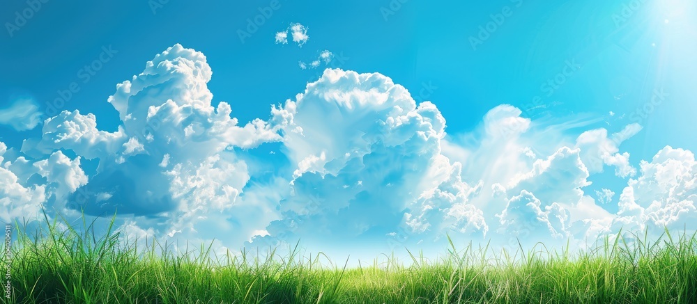 Wall mural sunny summer day with blue skies and fluffy white clouds creating an empty background with copy spac