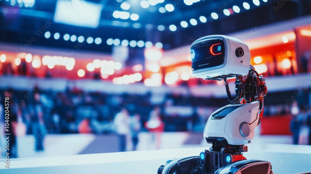 Aufkleber A robot participating in a dynamic robotics competition in a modern arena with spectators, vibrant and competitive setting, Robotics style