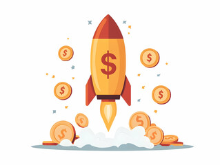 Flat Dollar Sign and Rocket Floating White Background Symbolizing Financial Growth and Ambition - Dynamic Vector Image Representing Business Success and Marketing Infographics with Smart Business Tone