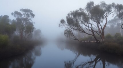 Misty morning on a still river, trees reflected in the water.