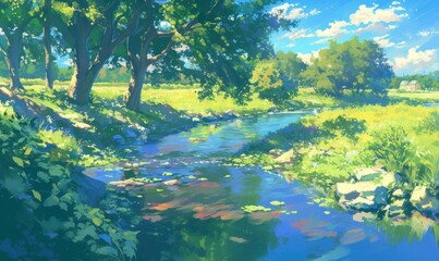 Idyllic Summer Stream in Lush Green Countryside