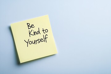 A creatively styled sticky note inscribed with 'Be Kind to Yourself', fostering messages of kindness and introspective thinking in a sleek modern design.