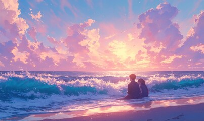 Fototapeta premium Romantic Couple at Sunset Beach Scenery
