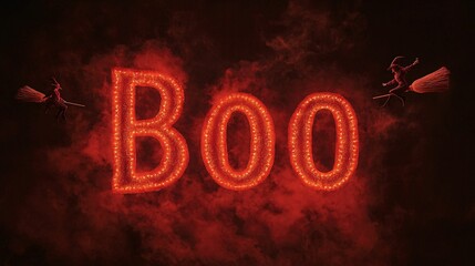 A vibrant display spells "Boo" in glowing red lights, creating a spooky atmosphere, perfect for Halloween celebrations.