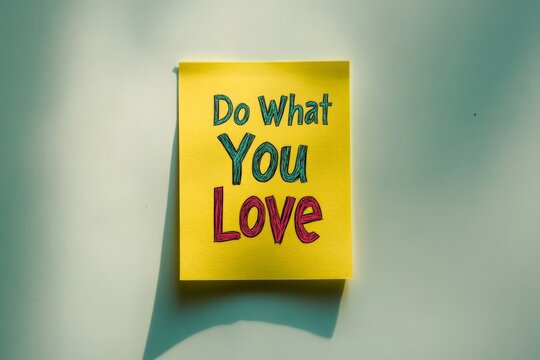 A motivating sticky note displaying the phrase ‘Do What You Love’ in colored script, urging the viewer to pursue their passions and interests with enthusiasm and commitment.