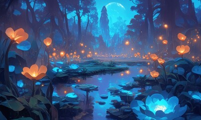 Enchanted Forest with Glowing Flowers and Moonlit Sky
