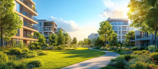 A green, lush park with paved walkways between modern apartment buildings on a sunny day.