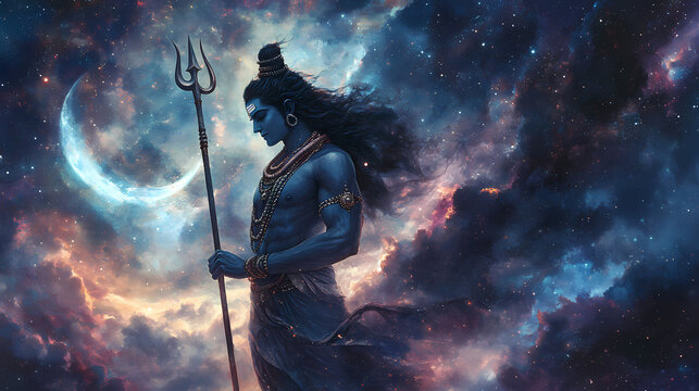 Lord Shiva an Indian God holding a trident and is surrounded by a fierce cosmic energy. AI	
