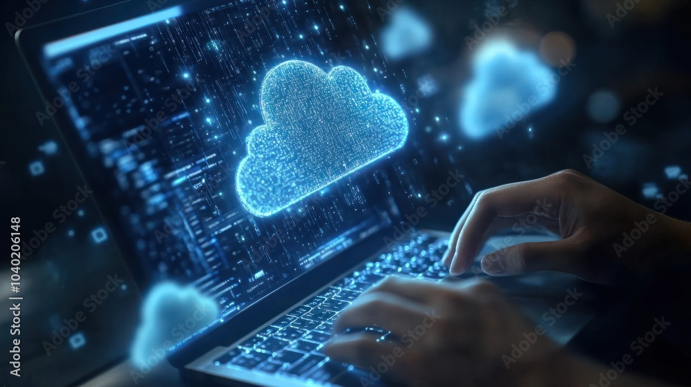 Poster weather icon with hands typing on a laptop with cloud environment change technology icons floating a