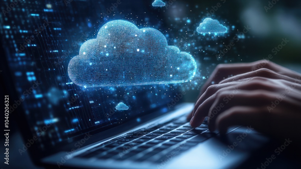 Poster weather icon with hands typing on a laptop with cloud environment change technology icons floating a